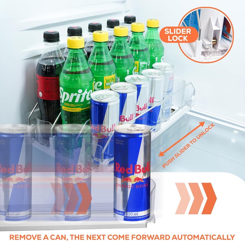 SIP SORT Upgraded Premium Drink Organizer for Fridge. Ultra Space Saving Soda Can Organizer for refrigerator with Larger Stopper Height and Automatic Pusher with Locking Feature. Holds 15 Cans (3 Rows, White) - Image 4